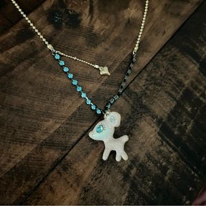 Betsey Johnson Snow Angel Pink Snow Deer Necklace Rare Blue Rhinestones